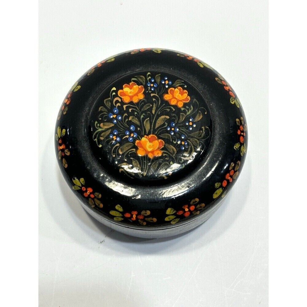 Russian Trinket Box Floral Black Lacquer Hand Painted Metal Round Glided